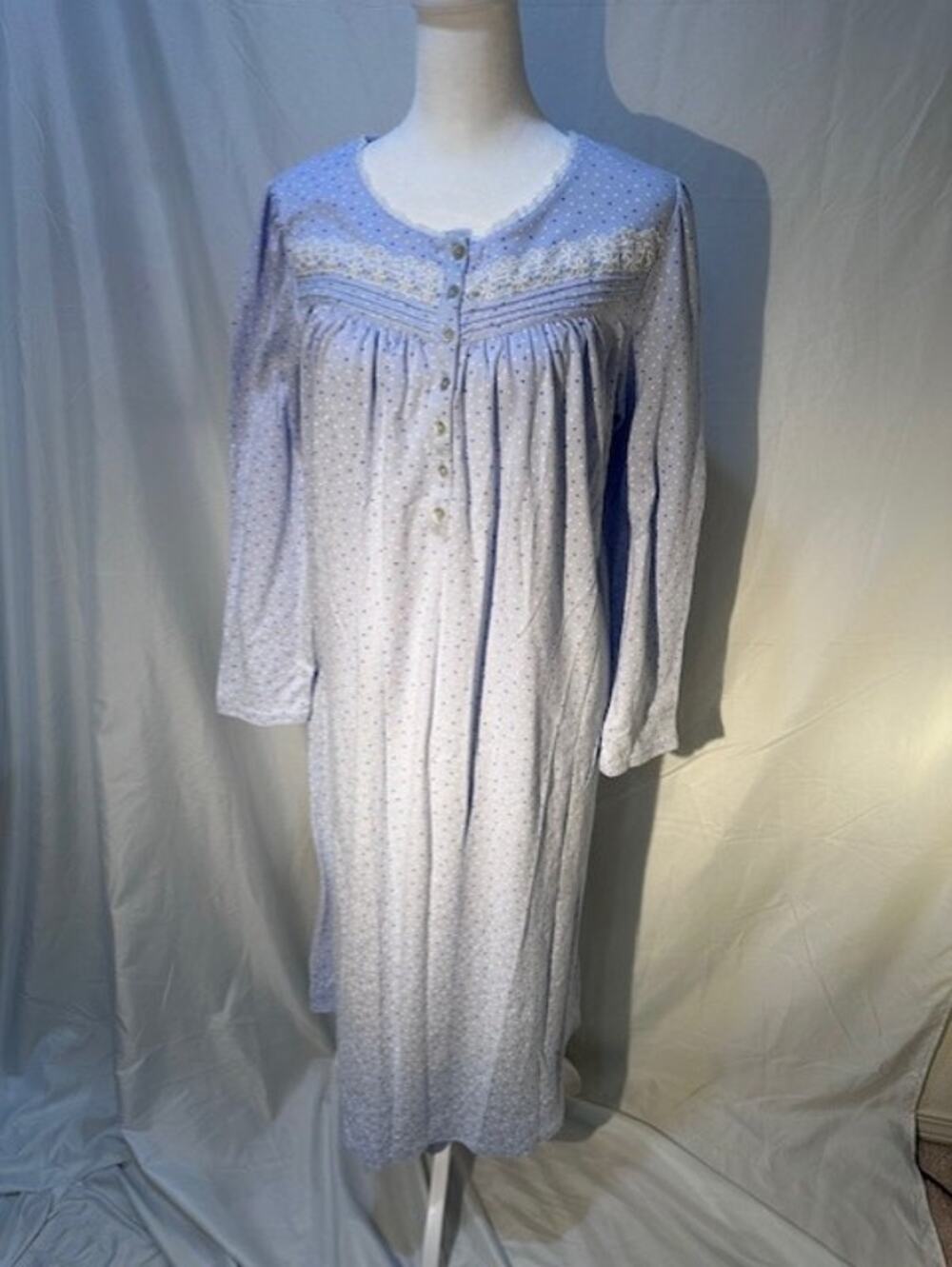 Eileen West Long‑Sleeve Nightgown SZ M Blue Polka Dot Cotton Blend Ballet Length